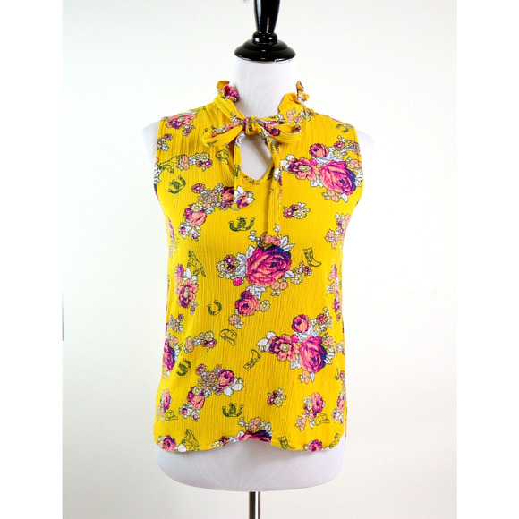ModCloth Size S Like the Wind Tie-Neck Blouse Mustard Yellow Floral - Picture 2 of 10
